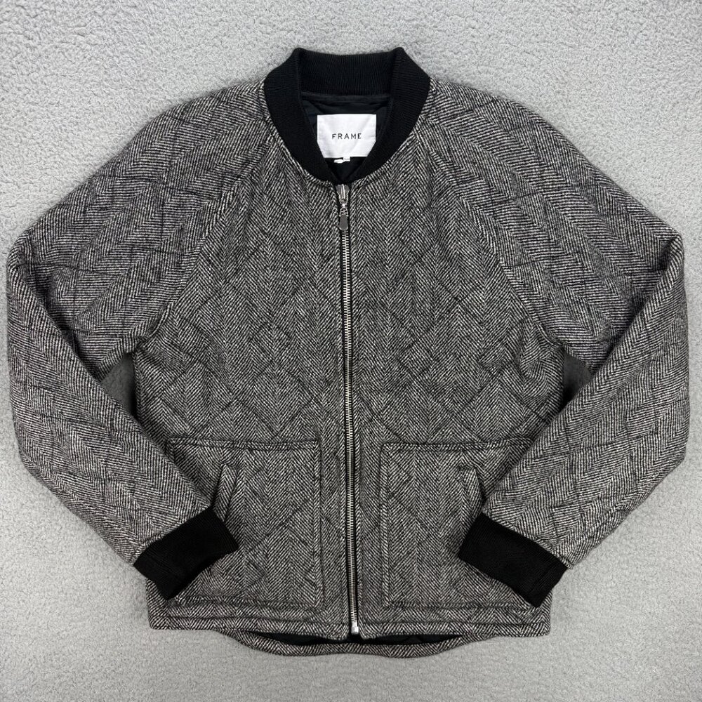 FRAME Jacket Mens Medium M Black White Wool Bomber Tweed Quilted Herringbone